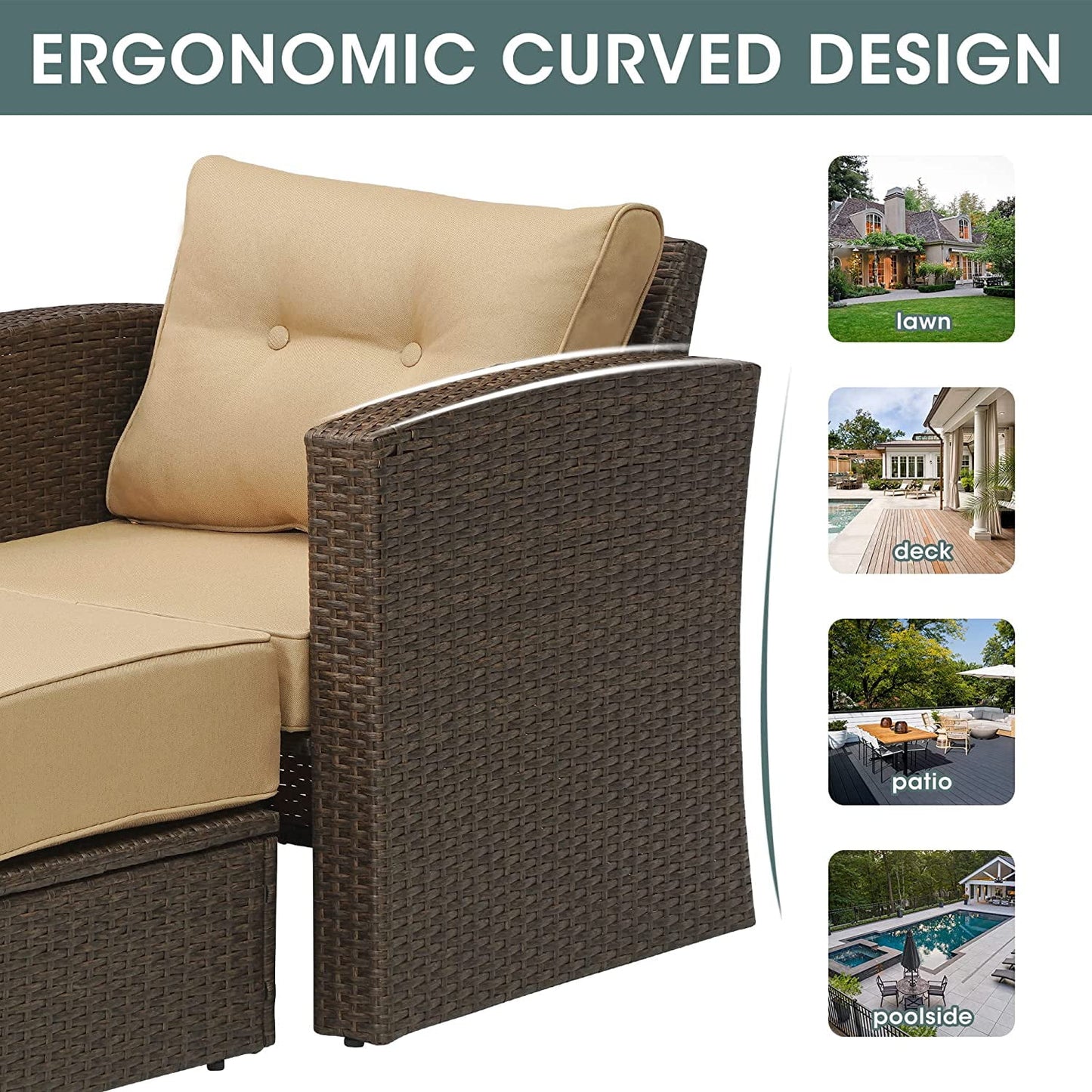 RoyalCraft Modular Collections Patio Sofa Chair with Ottoman, Outdoor Brown Rattan Lounger Sofa Chair Set with Seat and Back Cushions, Aluminum Frame