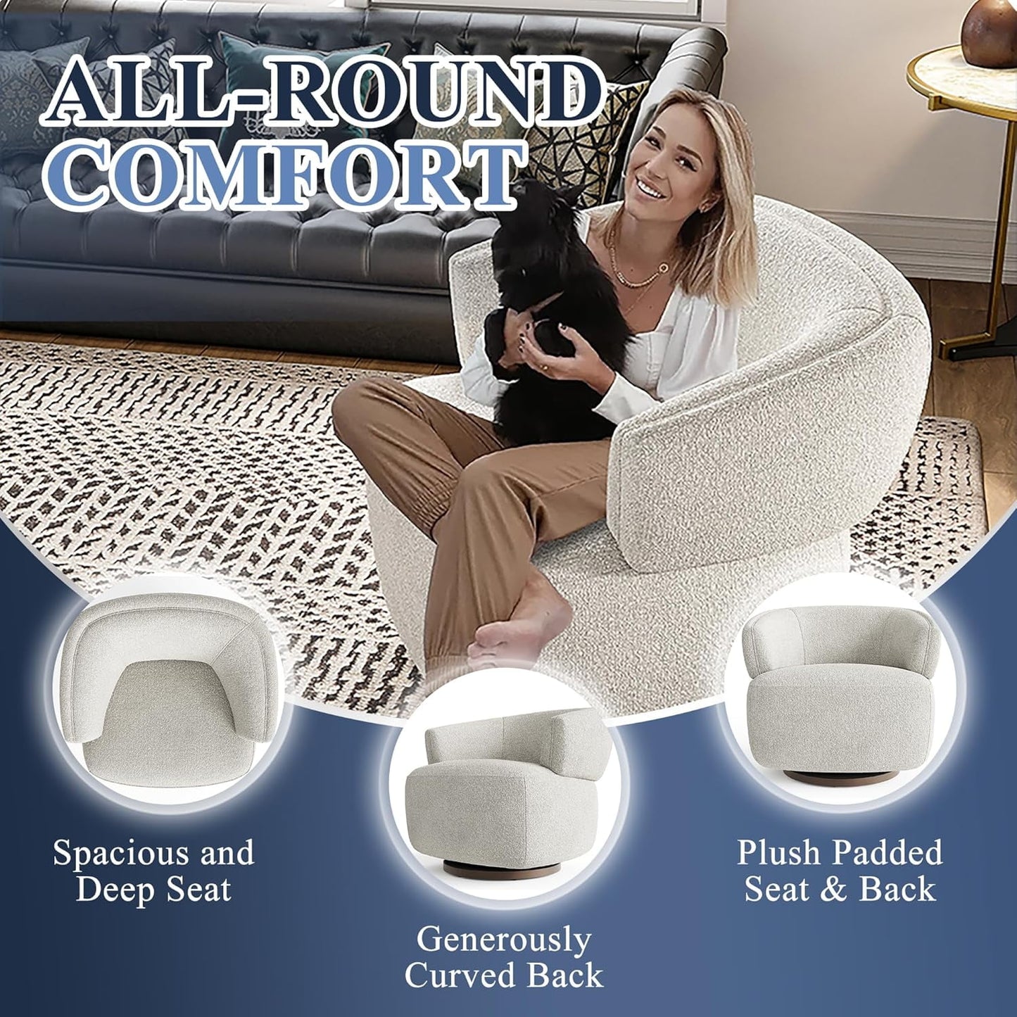 Superjoe Swivel Accent Chair, Fully Assembled Round Barrel Chairs, Oversized Upholstered Armchair with 360-Degree Base, Modern Club Chair for Living Room, Bedroom, Office, Ivory