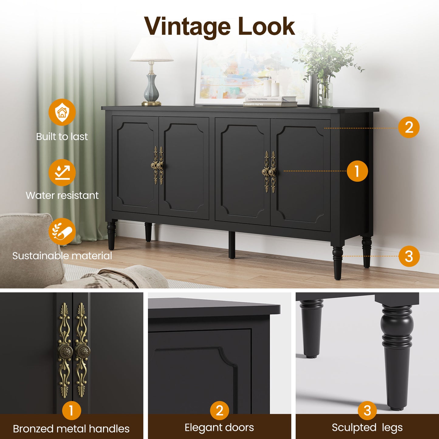 Console Cabinet, 58'' Mid Century Modern Pantry Cabinet, Wood Buffet Cabinet, Media Cabinet with 4 Doors, Accent Cabinet for Entryway, Living Room, Bedroom, Dining Room