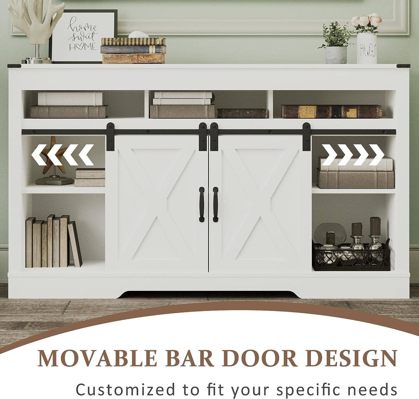 Royalcraft Farmhouse TV Stand for 65+ Inch TV, 34'' White Entertainment Center with Sliding Barn Doors,  Wood  Cabinet Television Stands- White