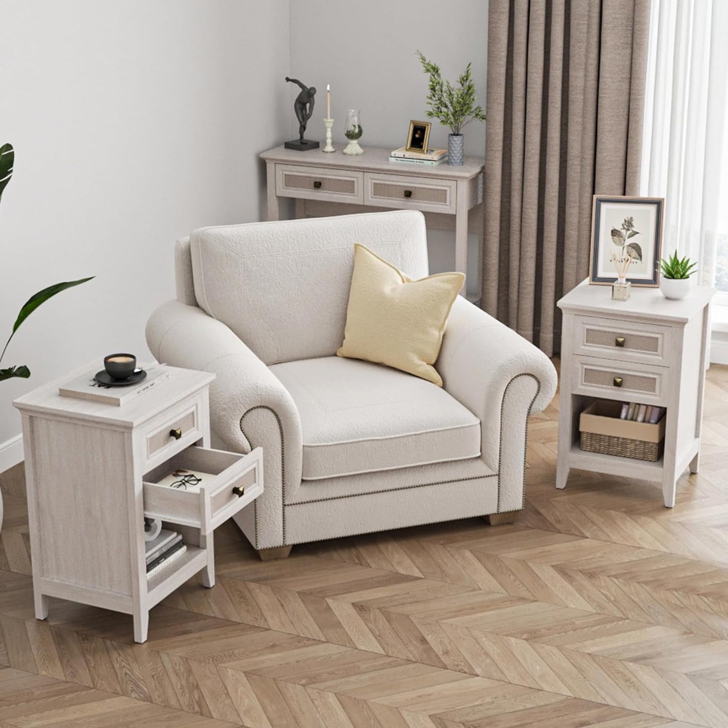 Superjoe 27" Rattan Nightstand w/2 Drawers Set of 2, Grayish White Wood Farmhouse Bedside Table, Boho Accent End Table Cabinet w/Open Storage Shelf