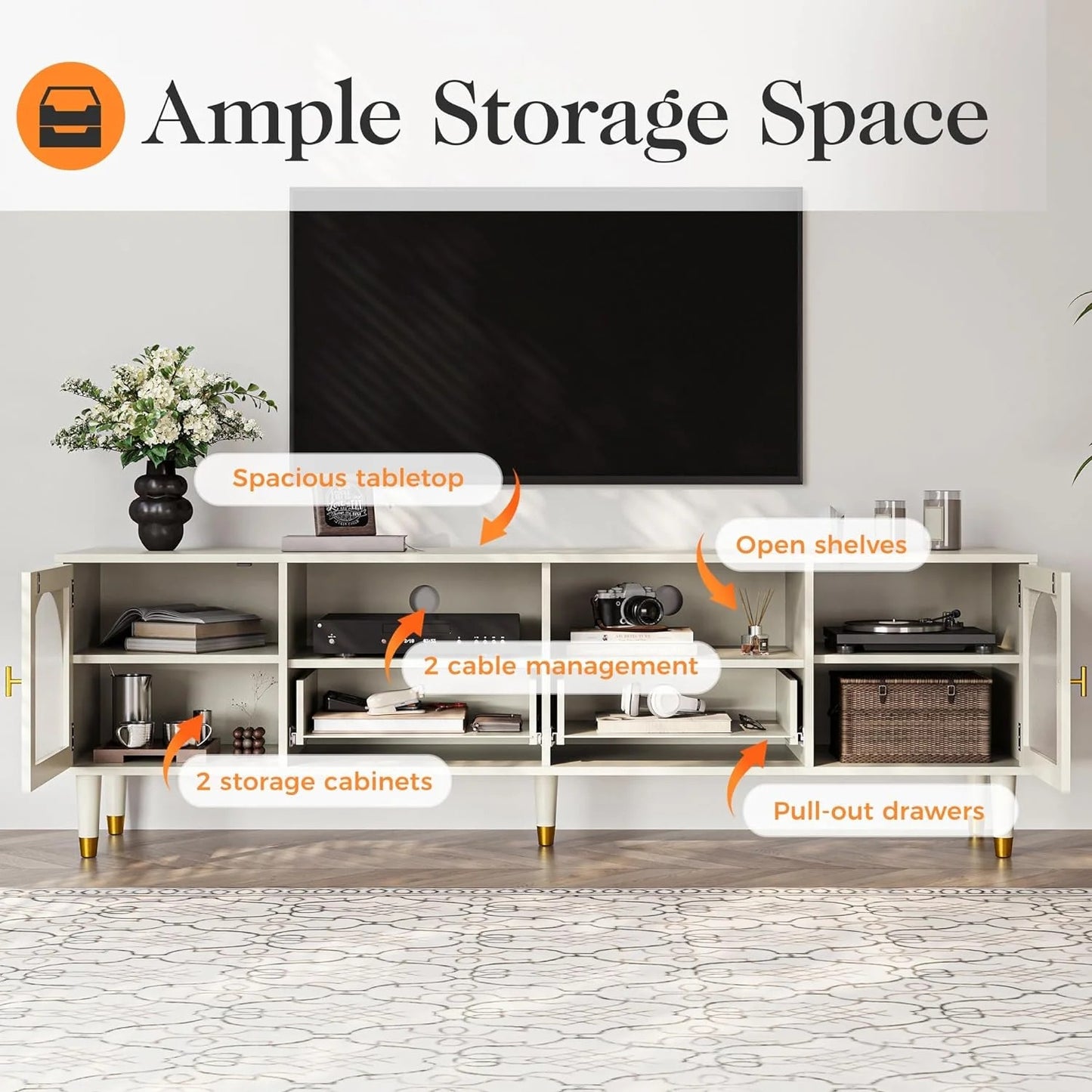 RoyalCraft Mid Century Modern TV Stand for 70 Inch TV, Entertainment Center with Acrylic Doors & Drawers, Wood TV Cabinet with Storage, TV Consoles for Living Room, Bedroom, White