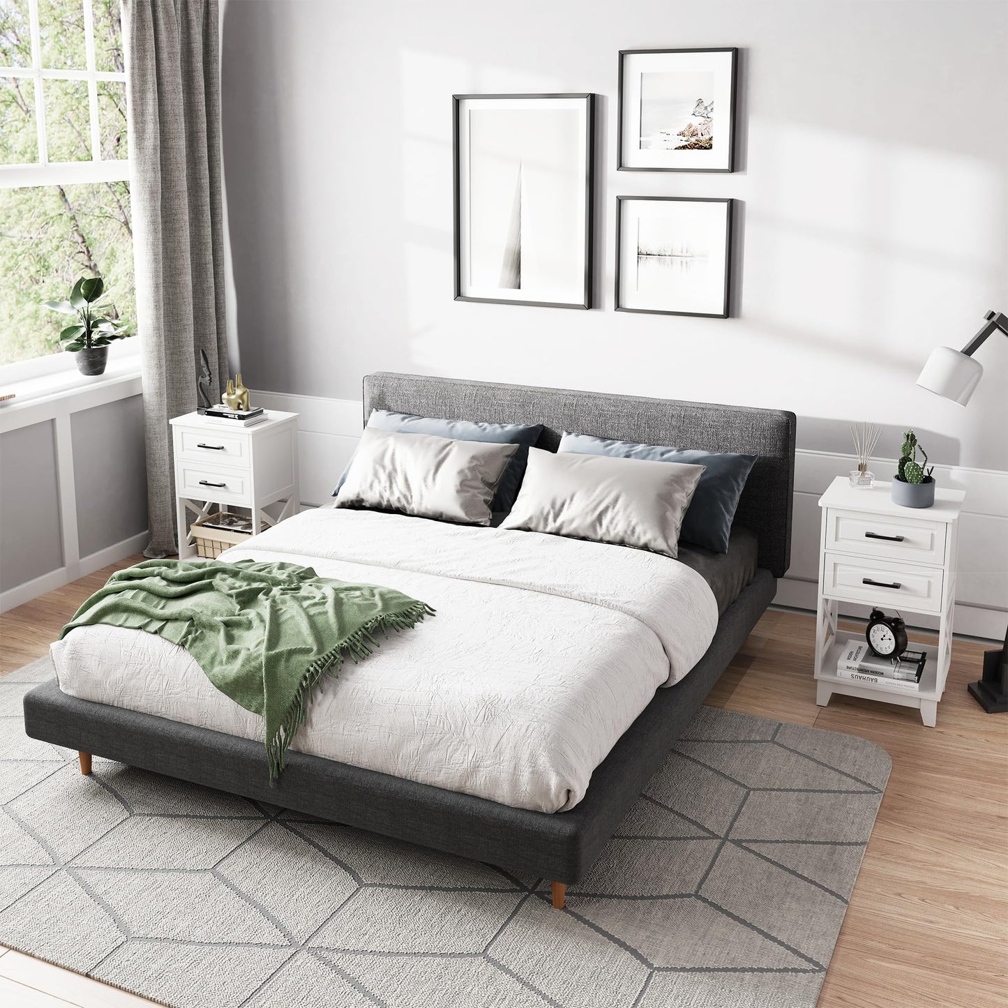 RoyalCraft Tall Nightstand Set of 2, Side Table with 2 Drawers and Open Shelf Below, Bedside Table with Solid Feet, Modern Night Stand End Table for Bedroom, Living Room, Home Office, White