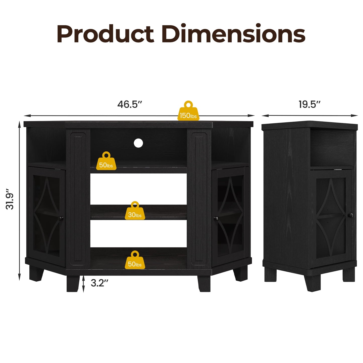 RoyalCraft Corner TV Stands for TVs up to 55'', Media Console Table with Adjustable Shelves, Acrylic Doors with Double-Diamond Design, Wood Modern Entertainment Center for Living Room Bedroom, Black