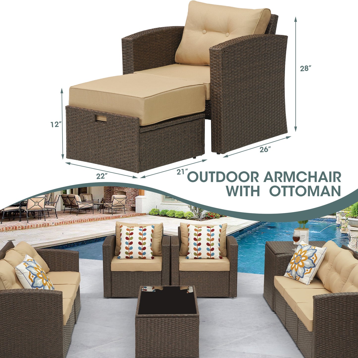 Royalcaft 2 Piece Outdoor Patio Wicker Armchairs, All Weather Outside Rattan Chair Patio Furniture Set with Blue Cushions