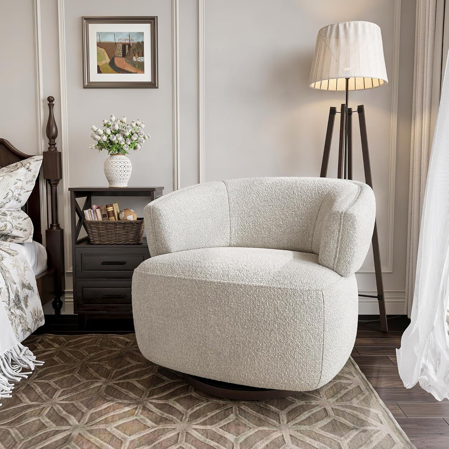 Superjoe Swivel Accent Chair, Fully Assembled Round Barrel Chairs, Oversized Upholstered Armchair with 360-Degree Base, Modern Club Chair for Living Room, Bedroom, Office, Ivory