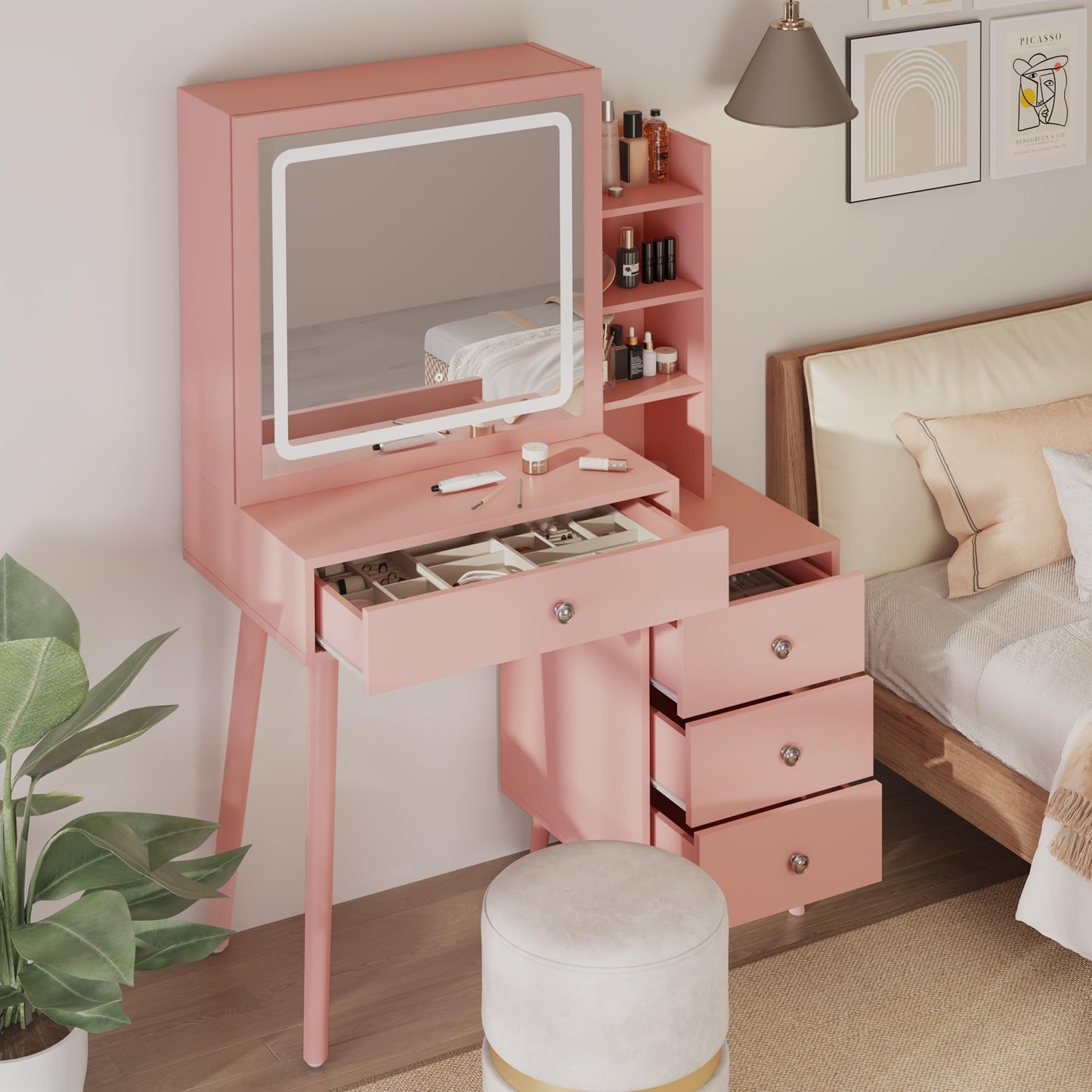 Superjoe Vanity Desk with Sliding Mirror and LED Lights, 2 in 1 Wooden Makeup Vanity Desk for Nightstand and Dressing Table, Compact Medium Makeup Table with Sliding Mirror for More Storage Space
