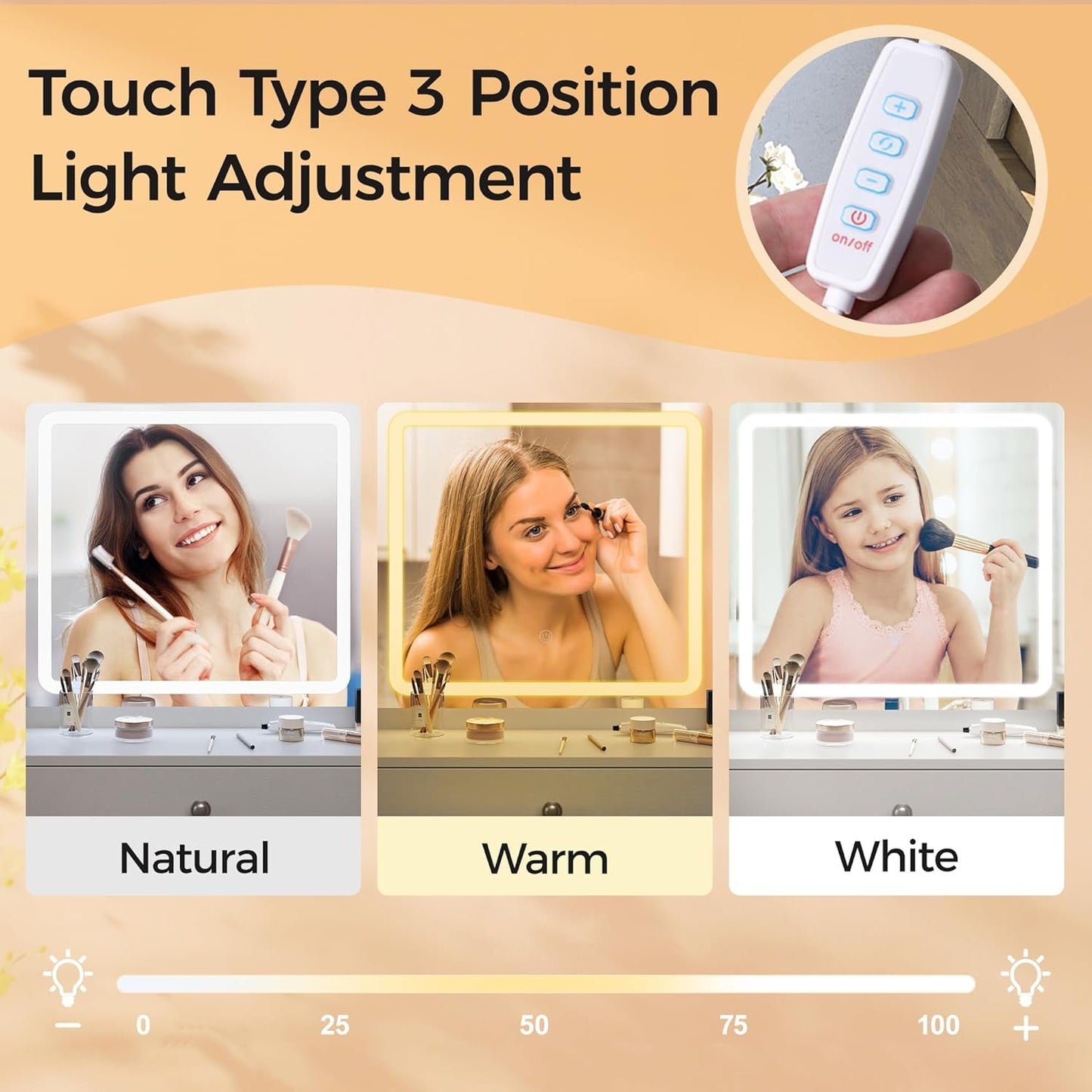 Royalcraft Makeup Vanity Table Set with Sliding Lighted Mirror, White Dressing Table with 3 Color Touch Light, Small Vanity Desk with 4 Drawer & Hidden Shelves for Women Girls
