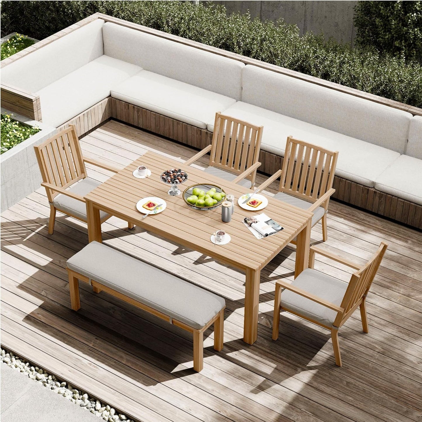 RoyalCraft 6 Pieces Patio Dining Sets, Aluminum Outdoor Dining Table with 4 Chairs and Bench, Outdoor Patio Dining Furniture Set with Removable Cushion for Lawn, Garden, Backyard, Brown
