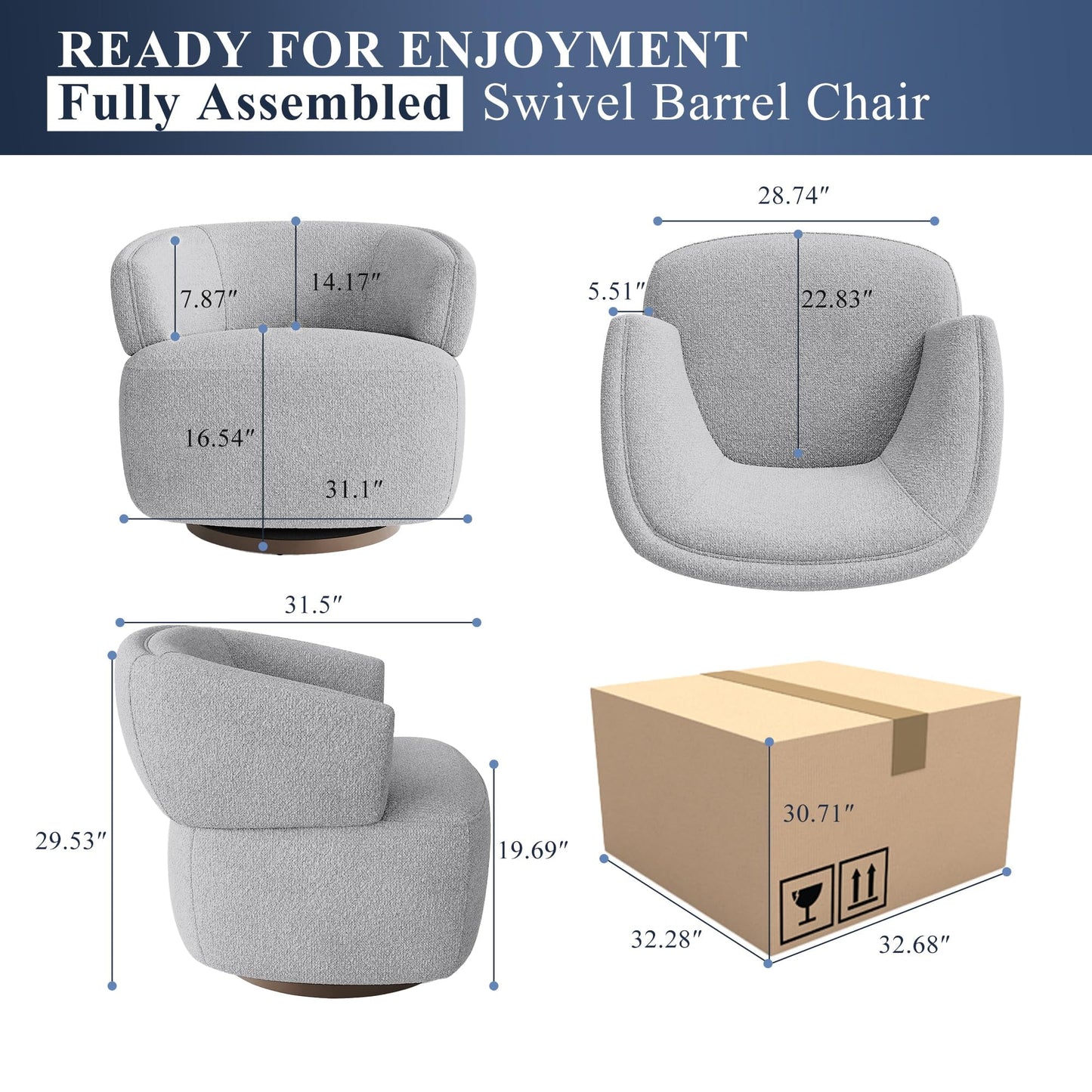 Superjoe Swivel Accent Chair, Fully Assembled Round Barrel Chairs, Oversized Upholstered Armchair with 360-Degree Base, Modern Club Chair for Living Room, Bedroom, Office, Grey