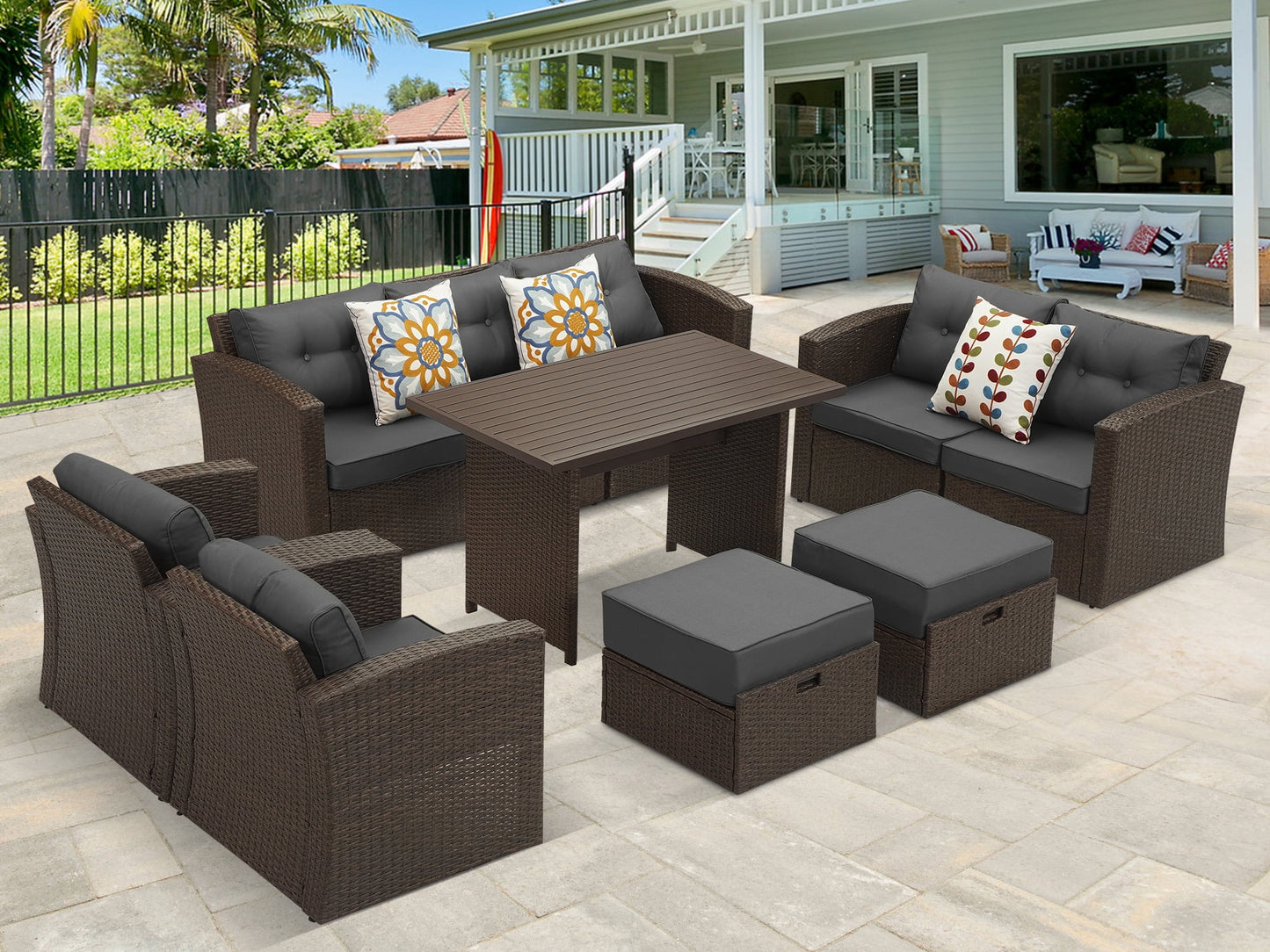Royalcraft Outdoor Patio Furniture Set,10 Pieces Outdoor Sectional Wicker Sofa PE Rattan Conversation Sets with Dining Table,Aluminum Frame,Brown