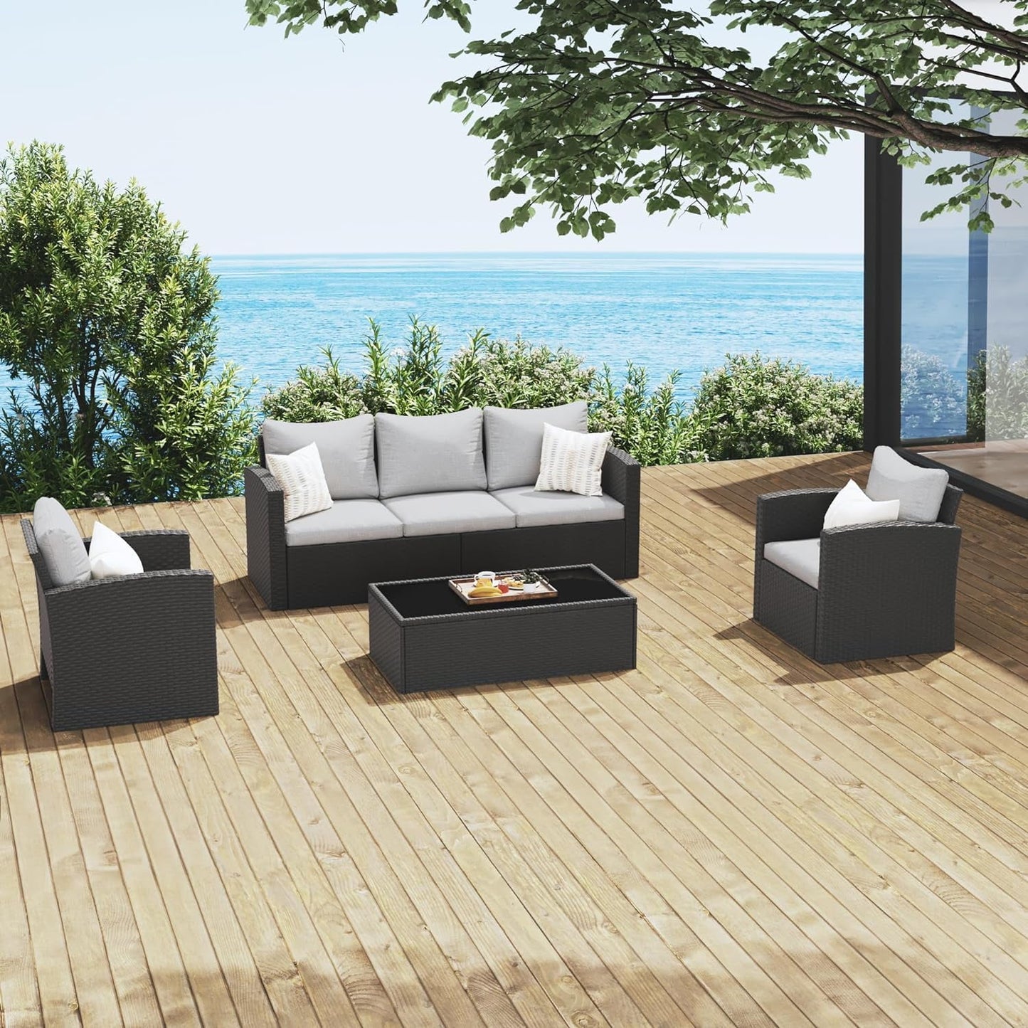 Royalcaft 2 Piece Outdoor Patio Wicker Armchairs, All Weather Outside Rattan Chair Patio Furniture Set with Blue Cushions