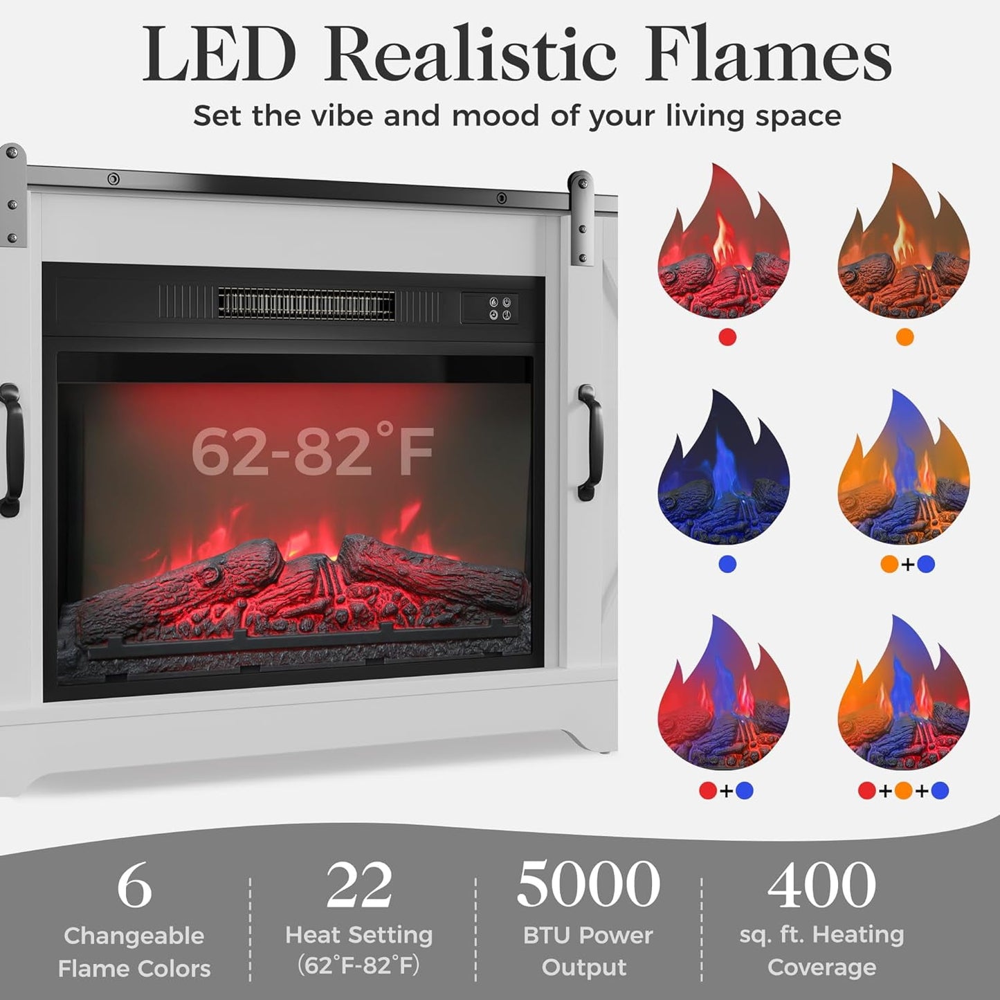 RoyalCraft Fireplace TV Stand for 65+, Farmhouse Entertainment Center with 23" Electric Fireplace with Remote, Modern Rustic TV Console Storage Cabinet with Sliding Bar Door , White fireplace tv stand