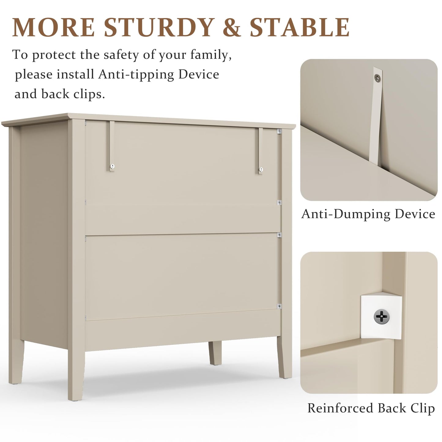RoyalCraft Fluted 3 Drawer Dresser, Wide Chest of Drawers with Ball Bearing Slide Modern Nightstand Cabinet Wood Dresser with Spacious Storage for Bedroom, Hallway, Living Room, Entryway