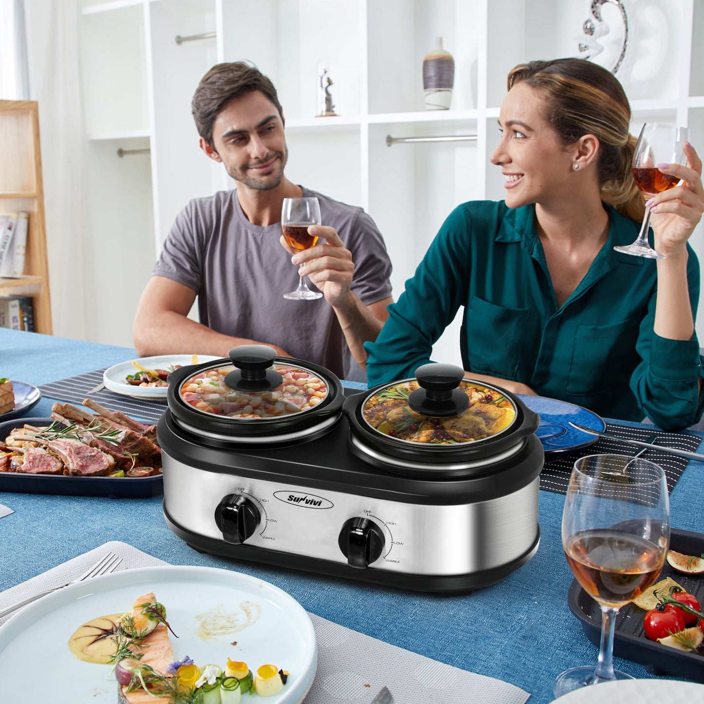 Royalcraft Double Slow Cooker, 2 Pot 1.25 Quart Oval Crock Food Warmer Buffet Server, Stainless Steel