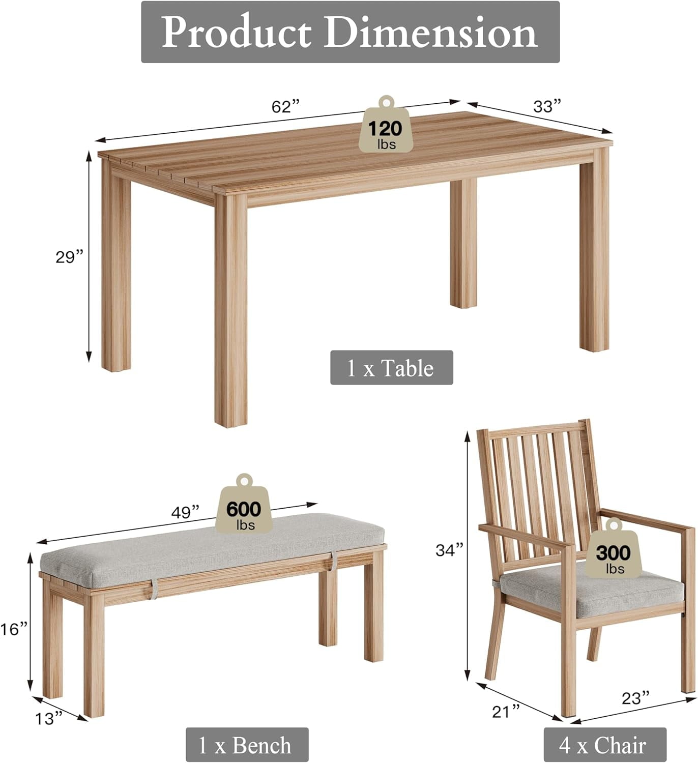 RoyalCraft 6 Pieces Patio Dining Sets, Aluminum Outdoor Dining Table with 4 Chairs and Bench, Outdoor Patio Dining Furniture Set with Removable Cushion for Lawn, Garden, Backyard, Brown