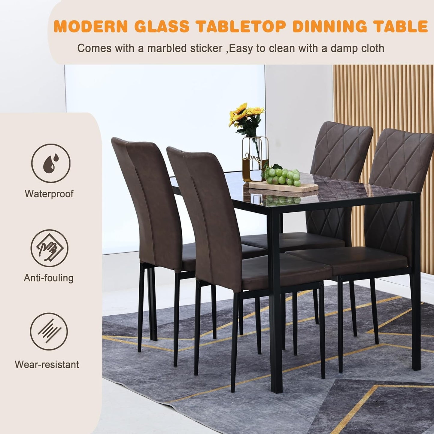 CozyHome 47" Dining Table for 2-4People, Rectangular Kitchen & Dining Room Tables, Brown Industrial Glass Style Apartment Dinning Room Dinette Tables for Eating Dinner