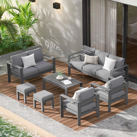 RoyalCraft Aluminum Outdoor Patio Furniture Set with Footrest, Modern Patio Conversation Sets, Outdoor Sectional Metal Sofa with 5 Inch Cushion and Coffee Table for Balcony, Garden, Grey