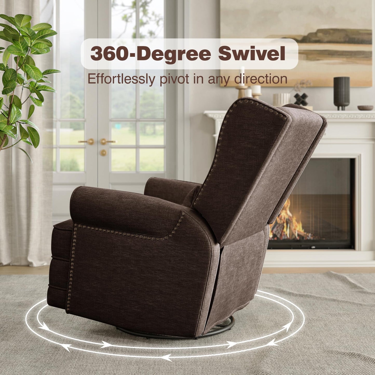RoyalCraft Swivel Recliner Chair, Comfy Glider Rocking Chairs with Lumbar Pillow and Footrest, Upholstered Swivel Rocking Chair for Bedroom,Nursery,Brown