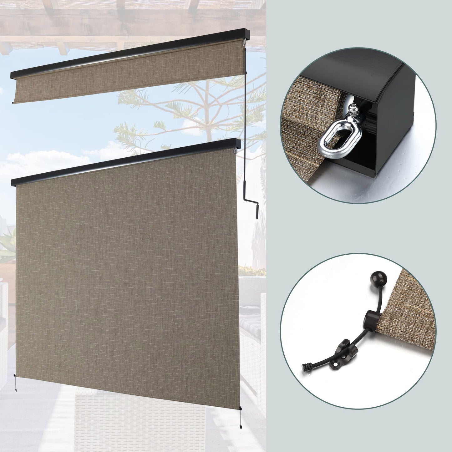 Royalcraft Cordless Outdoor Roller Sun Shade with Pole，8'Wx8'H 420GSM 95% Blockout Waterproof Outdoor Blinds Roll Up for Gazebo Porch, Deck, Pergola,Brown