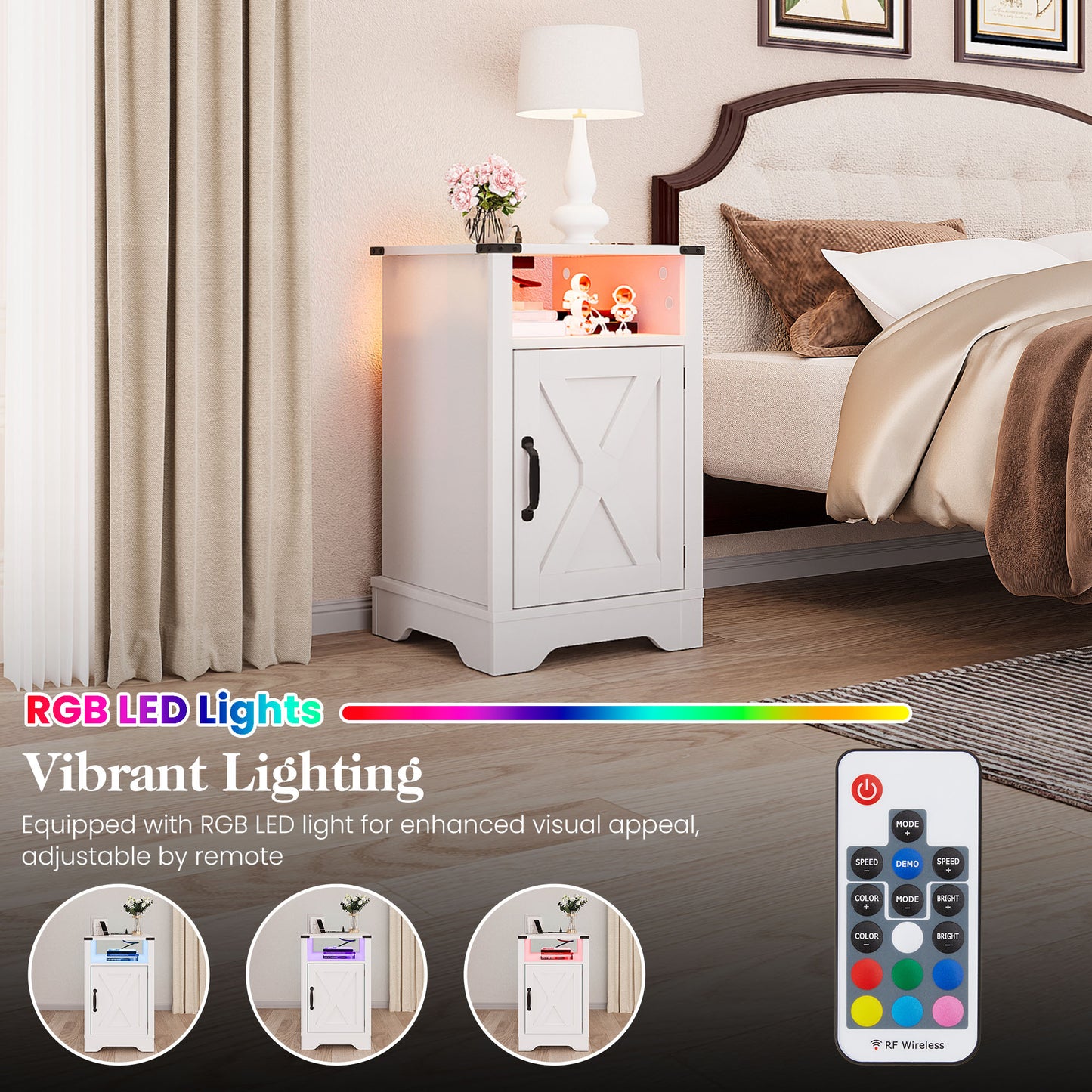 LED Nightstand Set of 2 with Charging Station, Farmhouse Wooden Side Table, Bedside Table with Storage Cabinet and Shelf, Rustic End Table for Bedroom, Living Room