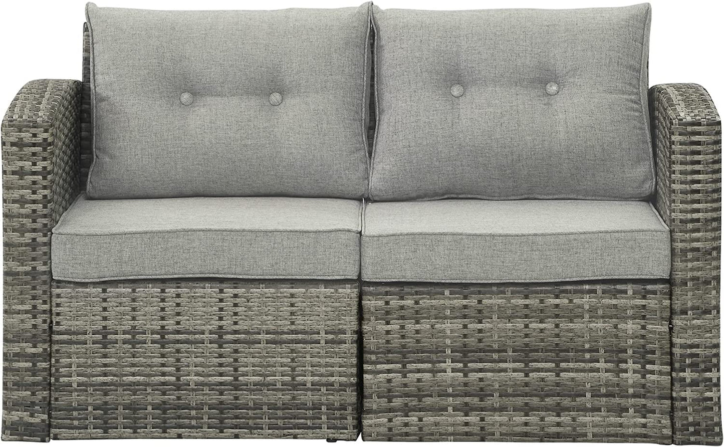 RoyalCraft Modular Collections Patio Sofa Chair with Ottoman, Outdoor Brown Rattan Lounger Sofa Chair Set with Seat and Back Cushions, Aluminum Frame