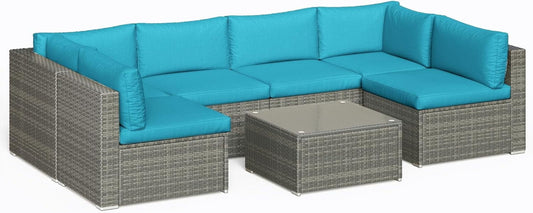 Mayincolor 7-Piece Modular Outdoor Sectional Wicker Patio Furniture Set with Coffee Table for Porch Balcony Backyard, Light Blue