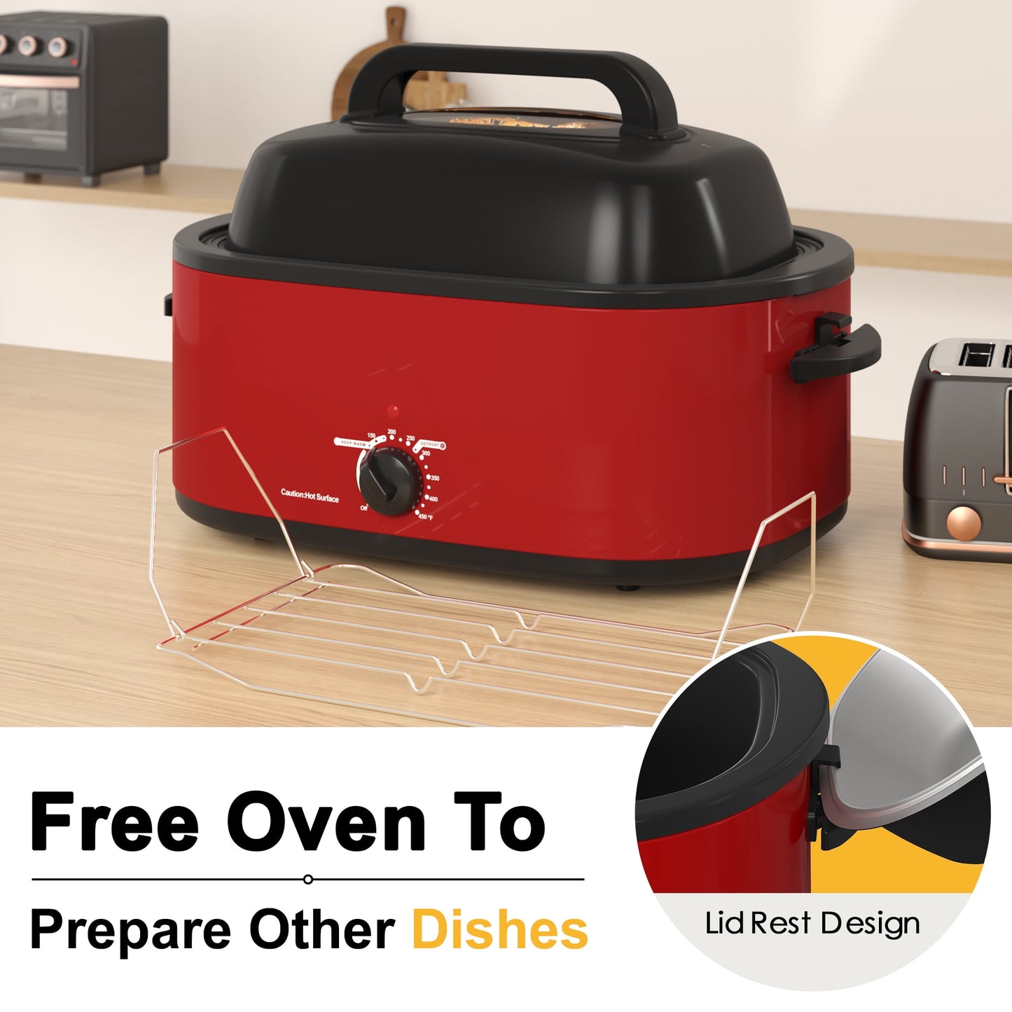 RoyalCraft 24 Quart Electric Roaster Oven with Visible & Self-Basting Lid, Stainless Steel, White