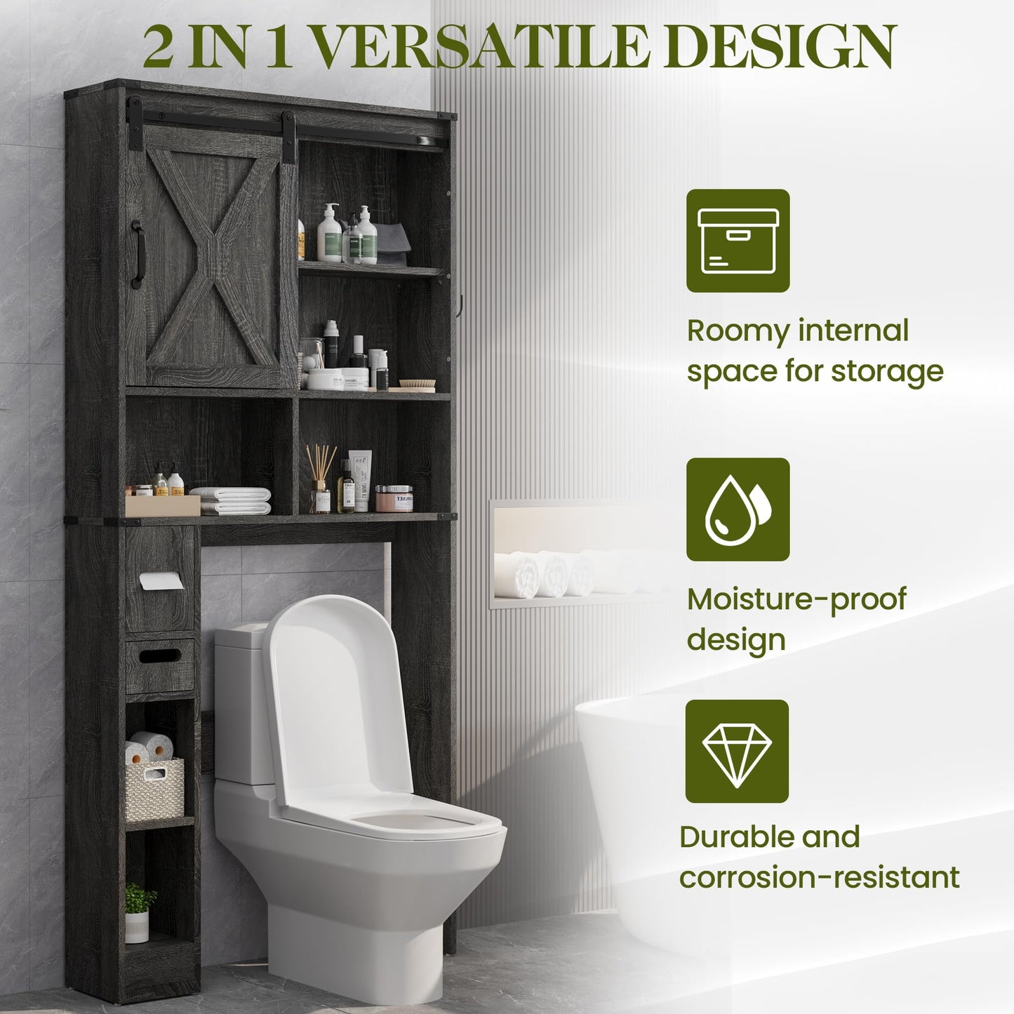 Superjoe Over The Toilet Storage Cabinet, Farmhouse Storage Cabinet Over Toilet with Sliding Barn Door, Home Space-Saving Toilet Rack, Behind Toilet Bathroom Organizer for Bathroom, Dark Grey