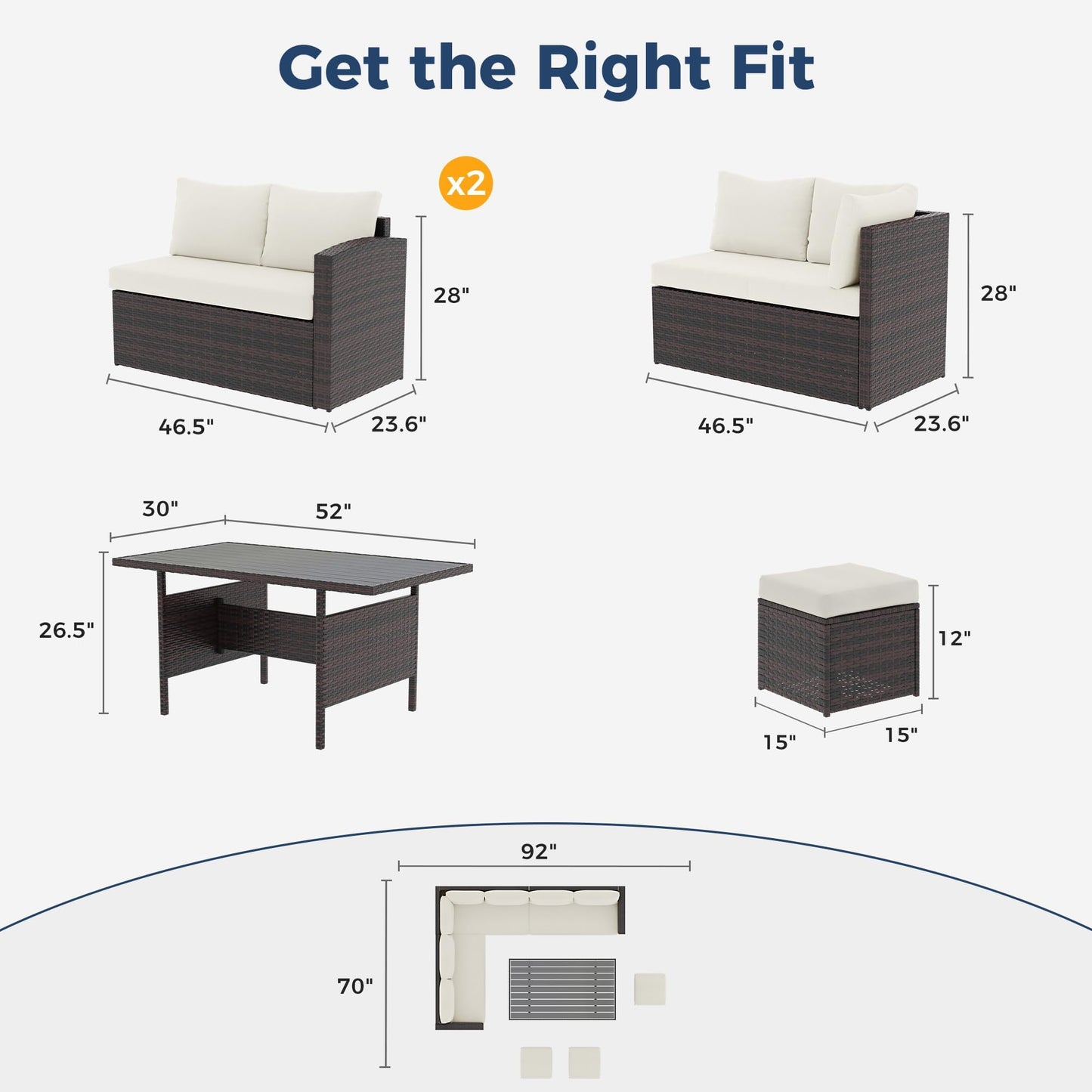 Royalcarft 7 Pcs Outdoor Conversation Set All Weather Wicker Sectional Sofa Set Dining Table Chair and Ottoman,Steel Frame,Ivory