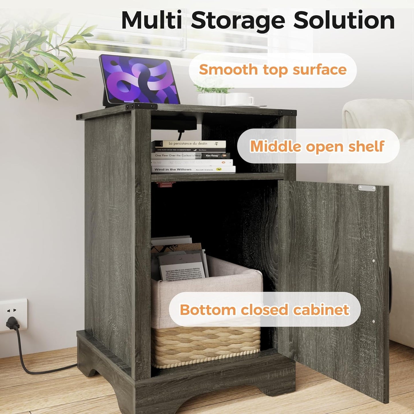 RoyalCraft Farmhouse Nightstand Set of 2 , Tall Bedside Table with Charging Station, Wooden Rustic End Table with Large Storage Cabinets Room and Shelf for Bedroom, Living Room, Dark Grey