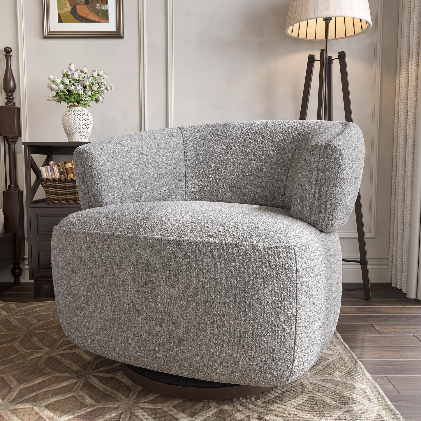 Superjoe Swivel Accent Chair, Fully Assembled Round Barrel Chairs, Oversized Upholstered Armchair with 360-Degree Base, Modern Club Chair for Living Room, Bedroom, Office, Grey