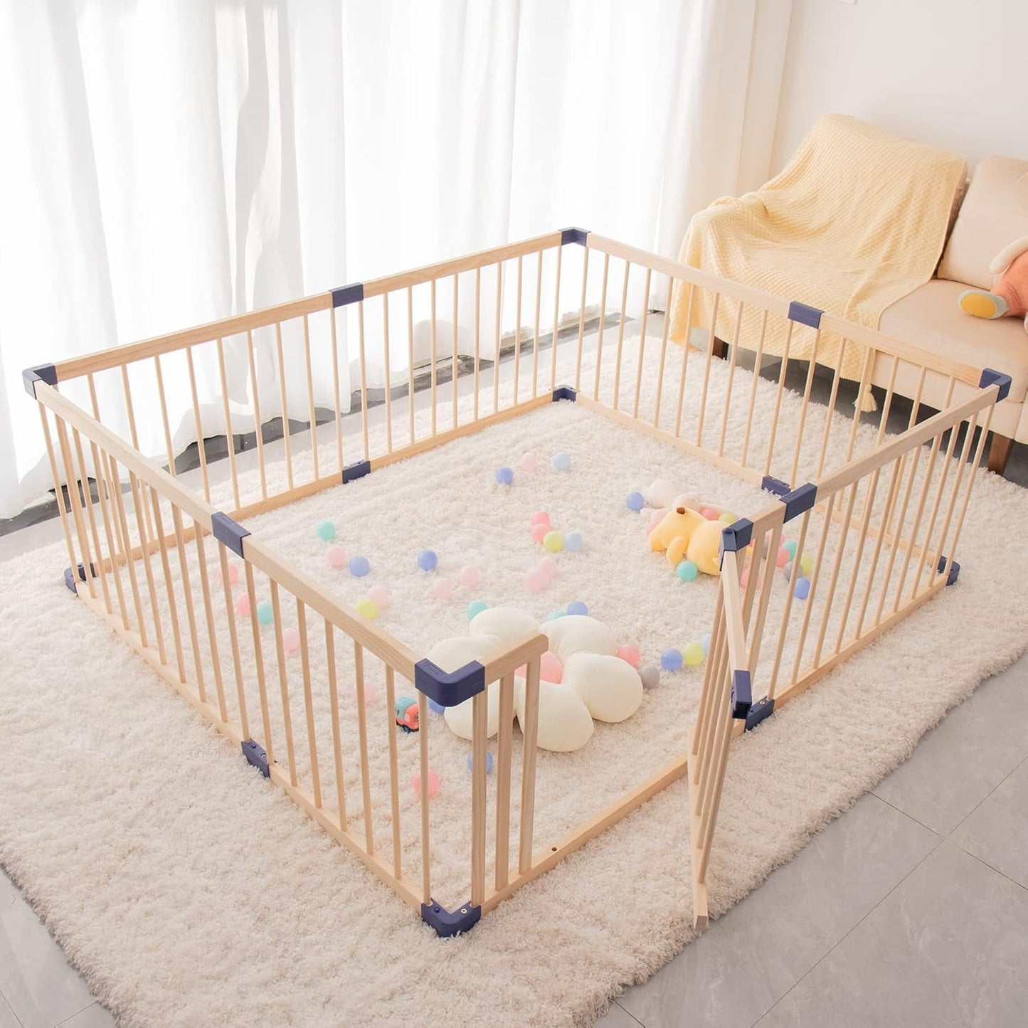 Superjoe Baby Playpen Kids Fence with Safety Gate, Activity Play Center, Safety and Anti-Drop Function, Safety Play Yard Indoor Outdoor Pure Wooden Baby Playpen (71"*59"*24")
