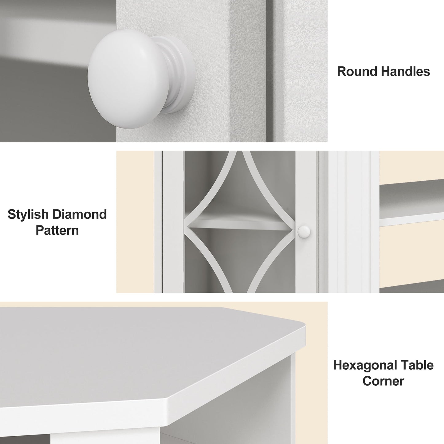 RoyalCraft Corner TV Stands for TVs up to 55'', Media Console Table with Adjustable Shelves, Acrylic Doors with Double-Diamond Design, Wood Modern Entertainment Center for Living Room Bedroom, White