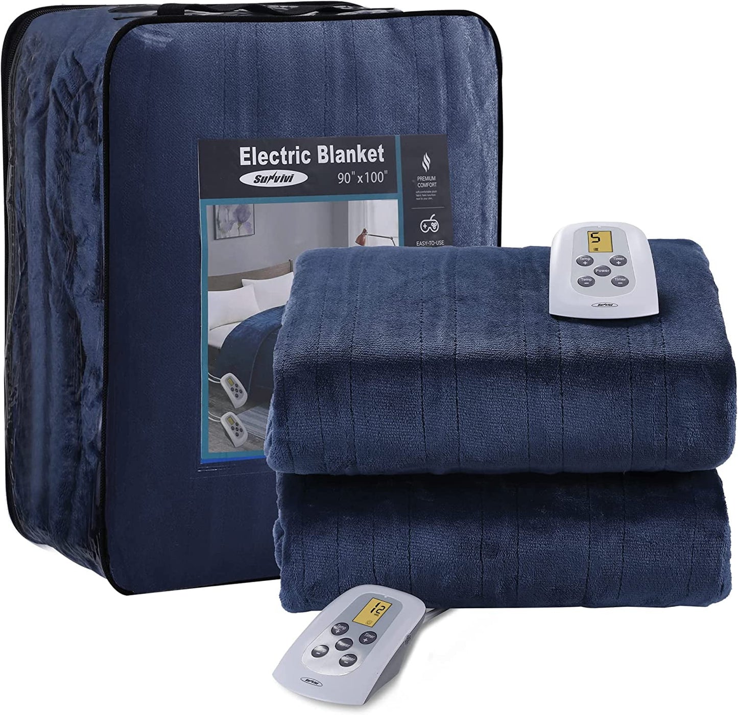 Royalcraft Heated Blanket Queen Size, Heating Electric Throw Blanket Dual Control, Soft Velvet, 10 Heat Settings, 12 Hours Auto Off, Blue