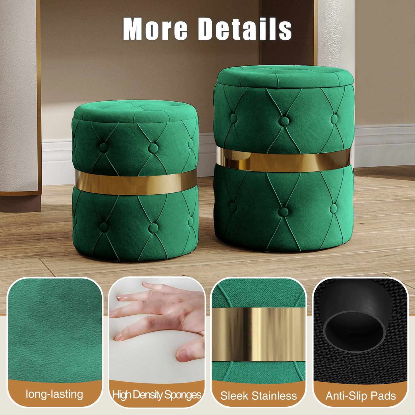 Superjoe Storage Ottoman Set of 2, Versatile Footrest Stool with Stainless Steel Base, Modern Round Vanity Stool Chair Foot Stools, Support 200lbs Padded Seat, for Living Room, Bedroom, Green