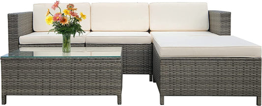 Mayincolor 5-Piece Outdoor Patio Sectional Furniture Set, Weather Resistant Rattan Outside Couch, Conversation Sofa for Balcony, Backyard, Deck, Garden, Porch, Beige