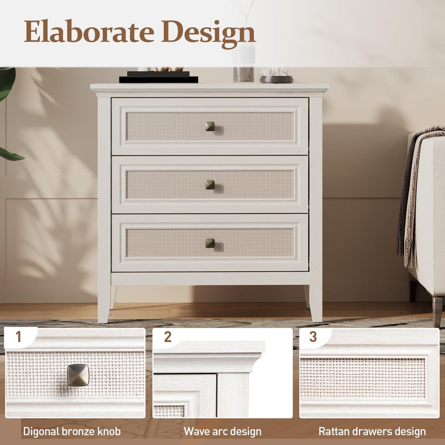 Superjoe 3 Drawer Nightstand, Rattan Dresser Table with Cane Drawers, Tall Boho Bedside Table Cabinet for Bedroom, Living Room, Entryway, Hallway, White