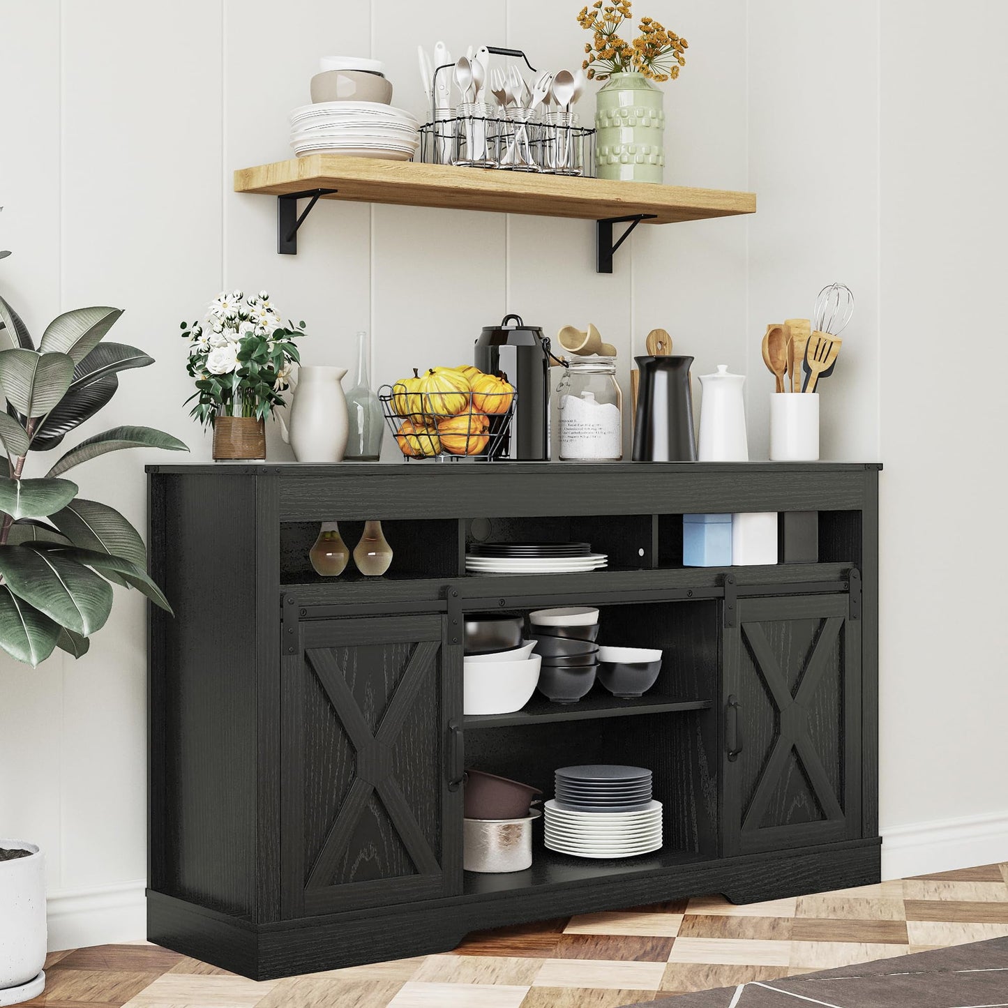 Heynemo Farmhouse TV Stand with Sliding Barn Door for TVs up to 65+ Inch, 34" Tall Entertainment Center, Wood Media Console Storage Cabinet for Bedroom, Living Room, Black