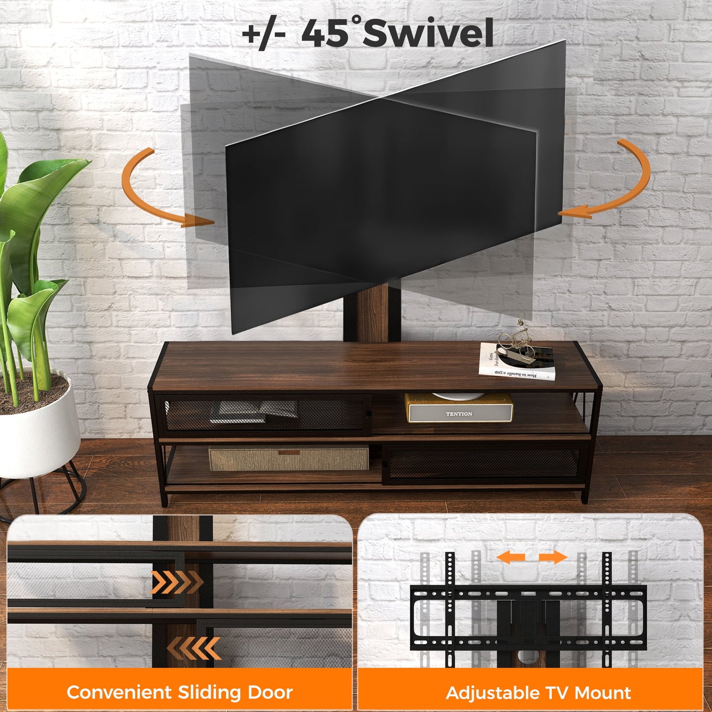 Royalcraft TV Stand with Mount and Power Outlet, 51" Swivel TV Stand Mount for 32/45/55/60/65/70 Inch TVs, LED Entertainment Center with Storage Shelves for Living Room, Bedroom, Office, Rustic Brown