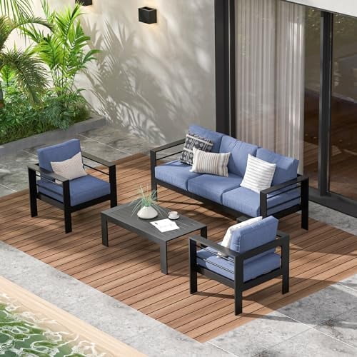 Mayincolor Aluminum Outdoor Patio Furniture Set, 5 Seats Modern Outdoor Conversation Set Sectional Sofa with Upgrade Cushion and Coffee Table for Balcony,Black Frame and Blue Cushion