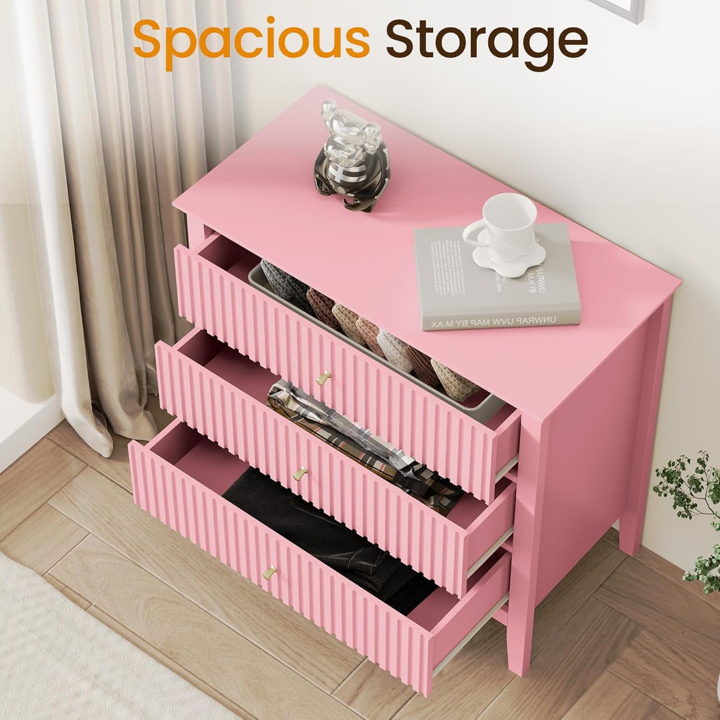 May in Color Pink Fluted Nightstand with 3 Drawers, Modern Bedroom End Table, Wood Bedside Table