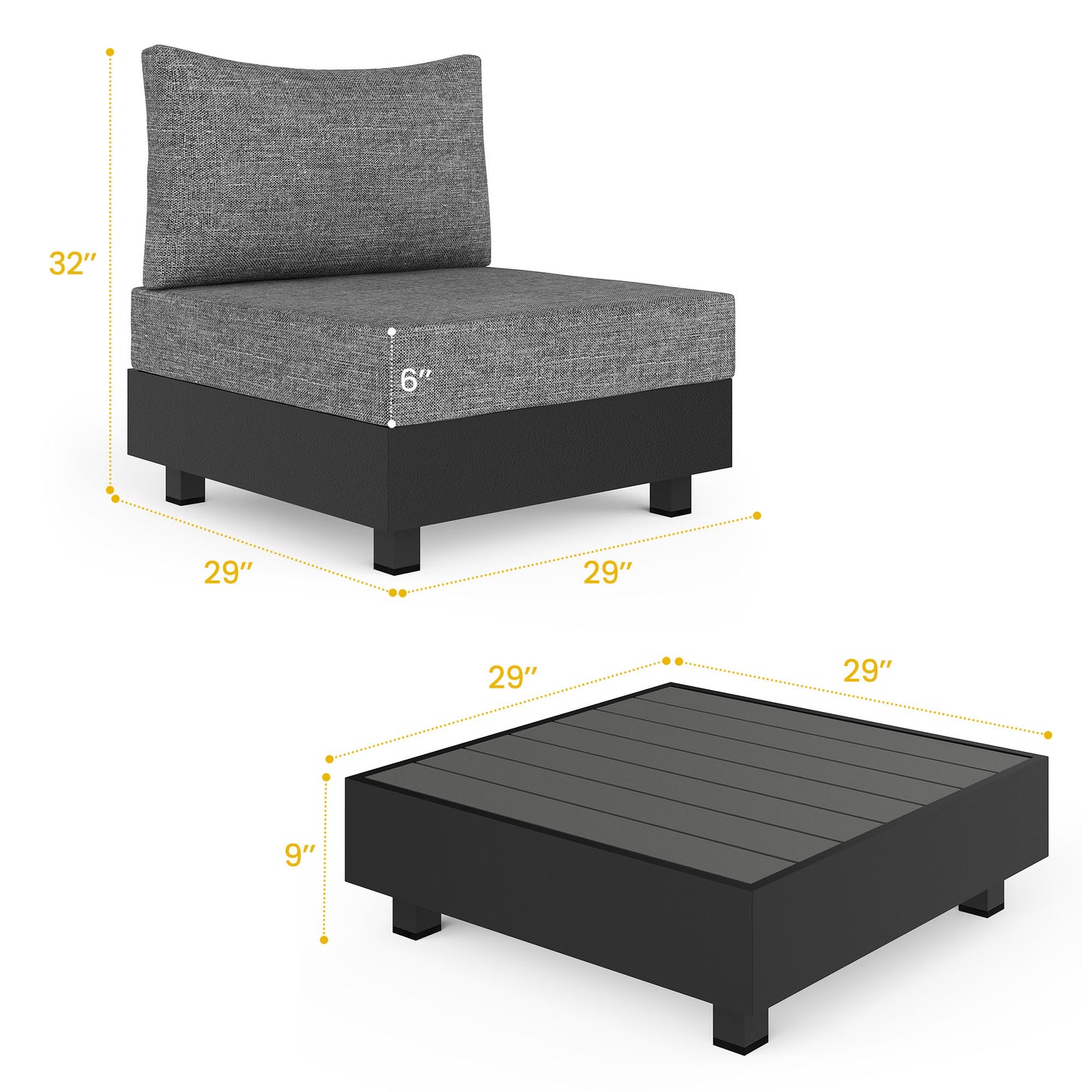 5 Pieces Aluminum Patio Furniture Set, Outdoor Sectional Sofa Conversation Sets with Coffee Table, Modular Armless Chairs Set for Pool Garden Balcony Porch, Grey
