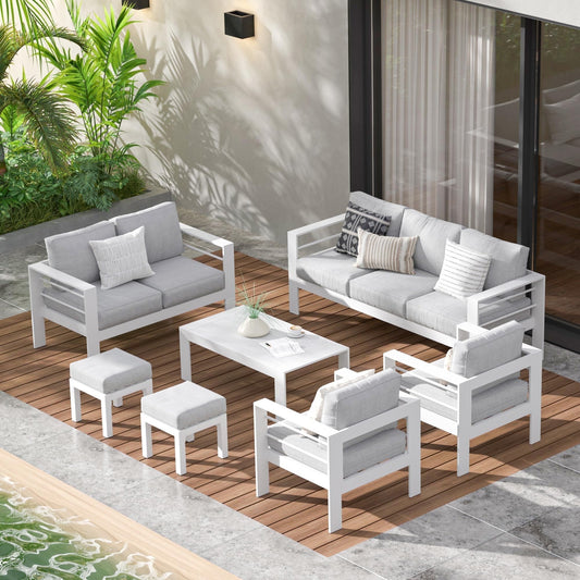 RoyalCraft Aluminum Outdoor Patio Furniture Set with Footrest, Modern Patio Conversation Sets, Outdoor Sectional Metal Sofa with 5 Inch Cushion and Coffee Table for Balcony, Garden, White