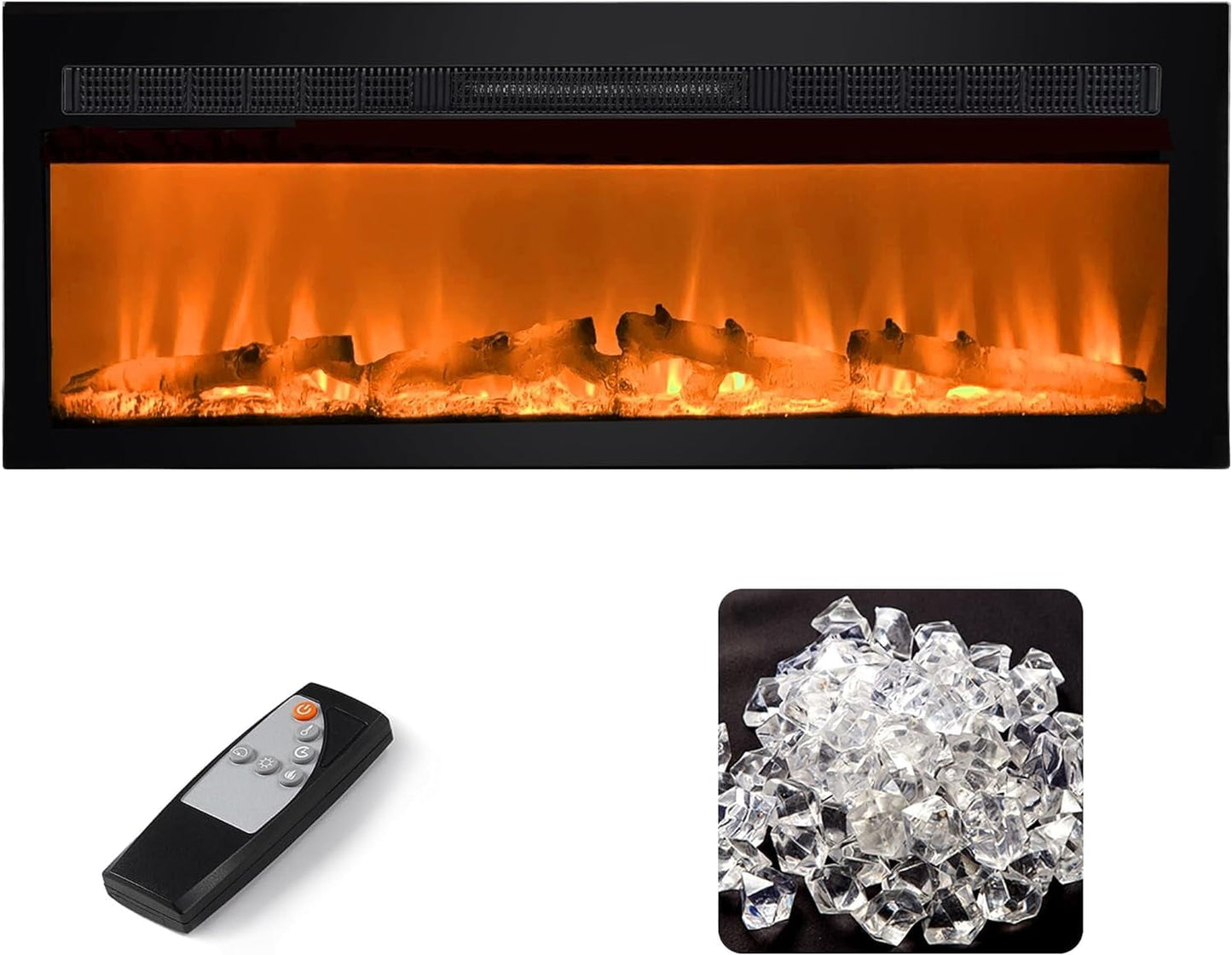 Royalcraft 50 Inch Recessed and Wall Mounted Electric Fireplace, Low Noise Fireplace Heater with 20 Multicolor Flames and 8h Timer, 1400W Heater with Touch Screen and Remote Control, Black