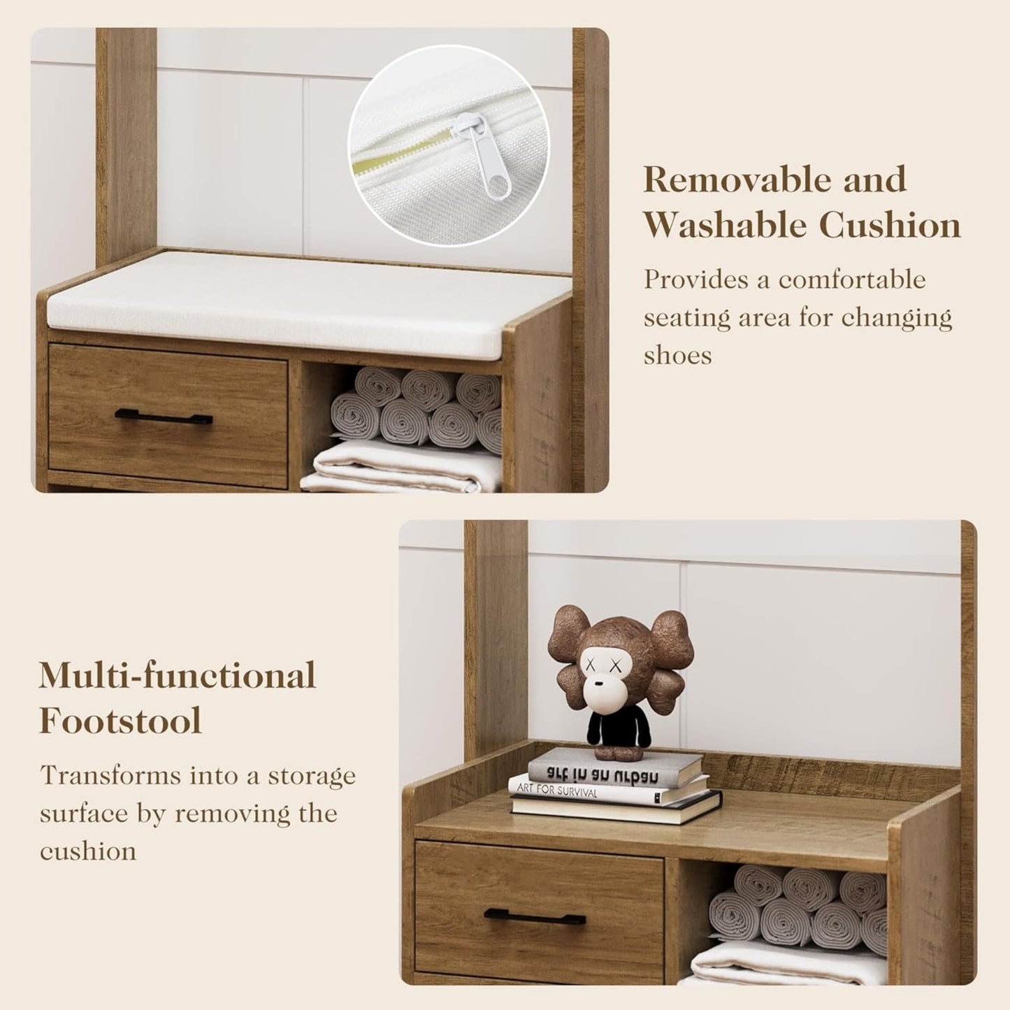 Superjoe Hall Tree with Bench, Entryway Bench with Coat Rack, Shoe Storage, Soft Cushion, Wood Entryway Furniture, White