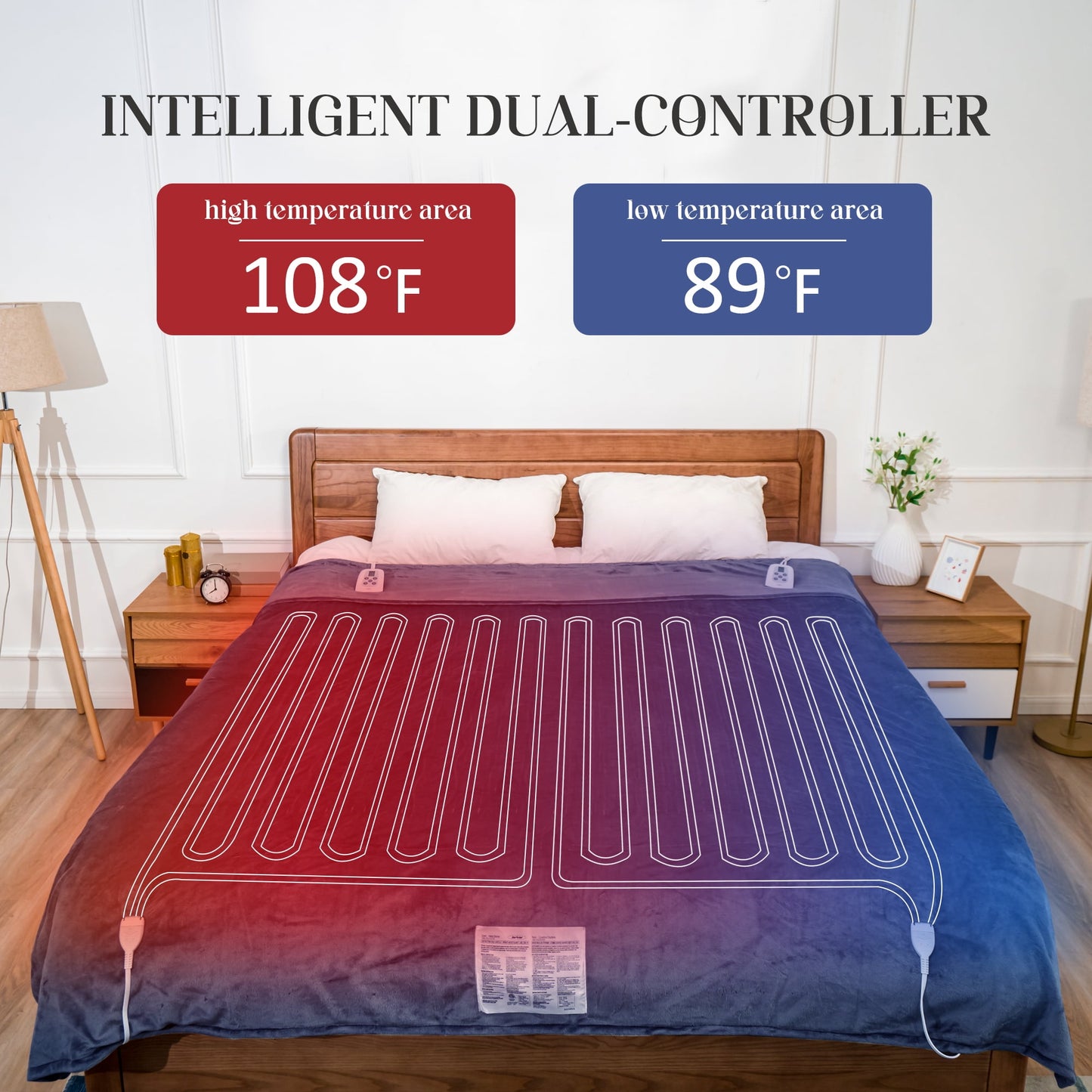Royalcraft Electric Blanket Queen Size with Dual Controllers,10 Heating Levels& 12 Hours Auto-off, Blue