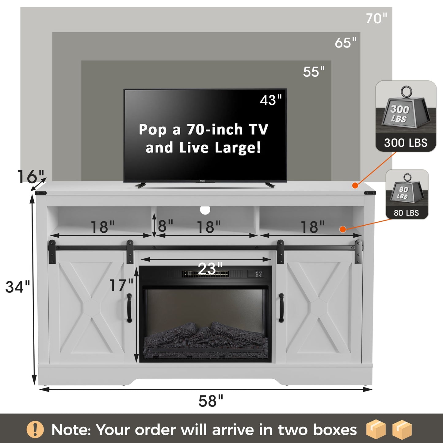 RoyalCraft Fireplace TV Stand for 65+, Farmhouse Entertainment Center with 23" Electric Fireplace with Remote, Modern Rustic TV Console Storage Cabinet with Sliding Bar Door , White fireplace tv stand