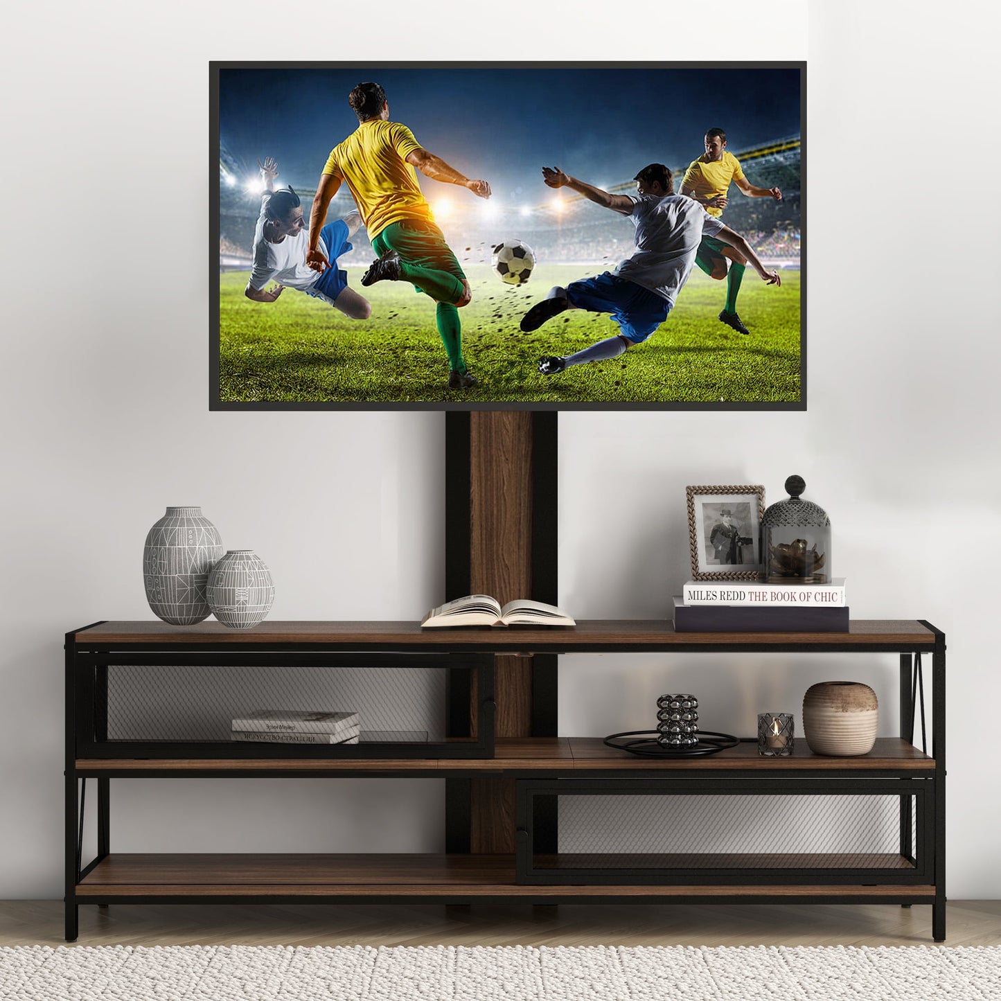 Royalcraft TV Stand with Mount and Power Outlet, 51" Swivel TV Stand Mount for 32/45/55/60/65/70 Inch TVs, LED Entertainment Center with Storage Shelves for Living Room, Bedroom, Office, Rustic Brown
