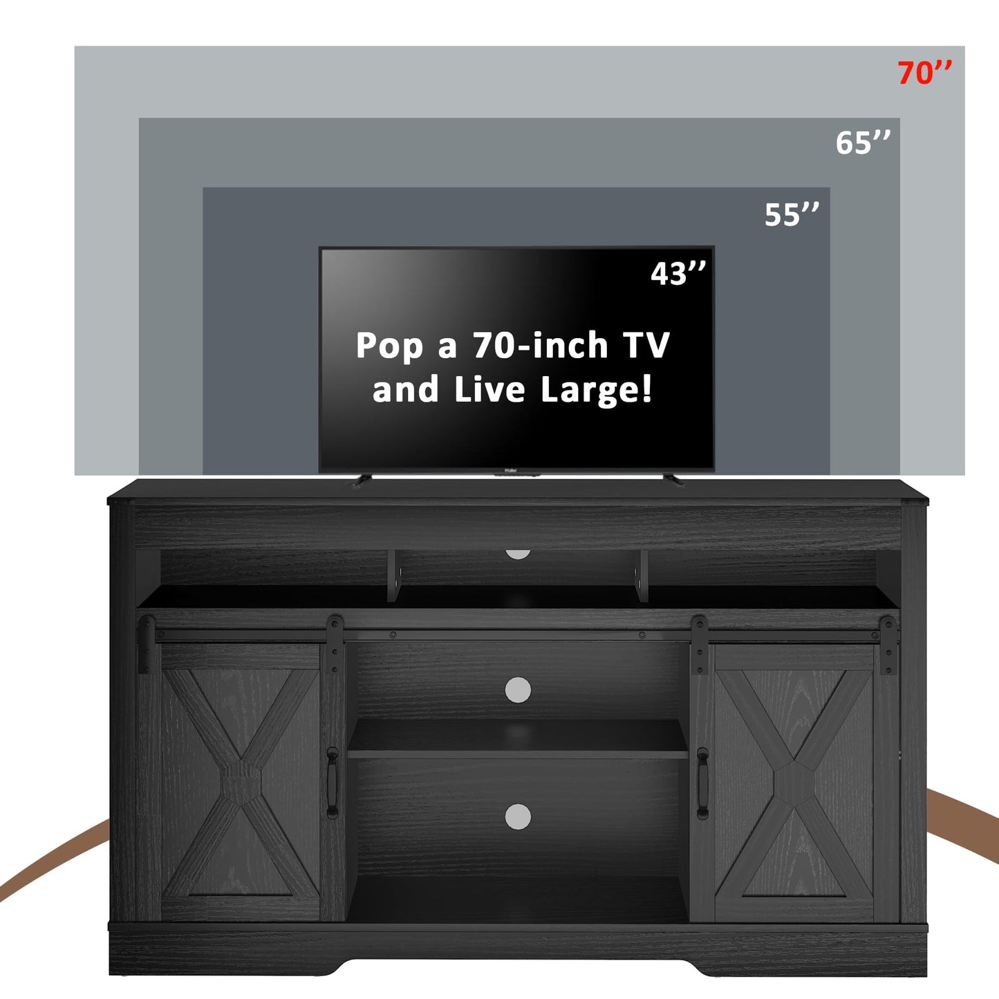 Heynemo Farmhouse TV Stand with Sliding Barn Door for TVs up to 65+ Inch, 34" Tall Entertainment Center, Wood Media Console Storage Cabinet for Bedroom, Living Room, Black